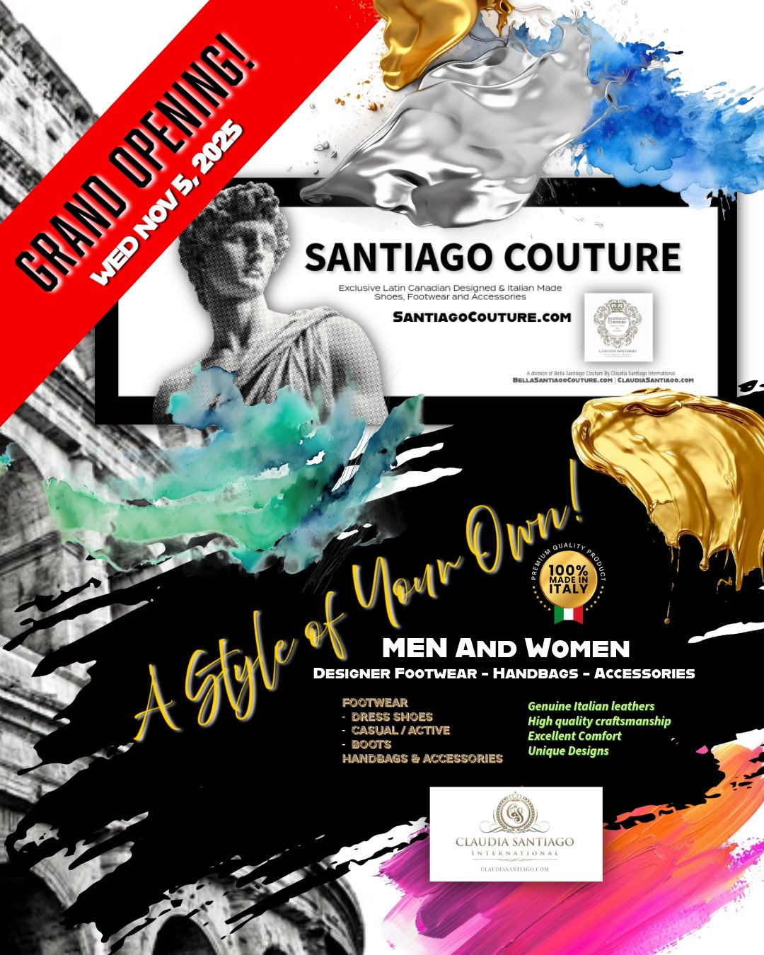 GrandOpening-Nov5-2025-SANTIAGO_COUTURE-Designer-Shoes-Handbags-Footwear-Accessories-ClaudiaSantiagoInternational-madeinItaly